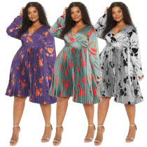 Deep V-neck pleated elegant skirt