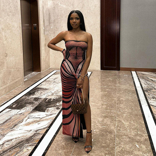 Fashionable and sexy strapless backless 3D printed slim fit long dress