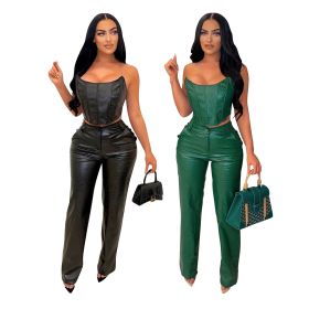 Women's strapless faux leather set, sexy PU two-piece set