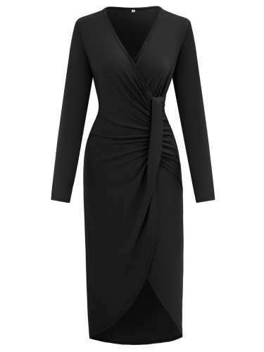 Solid V-neck slit waist long sleeved dress