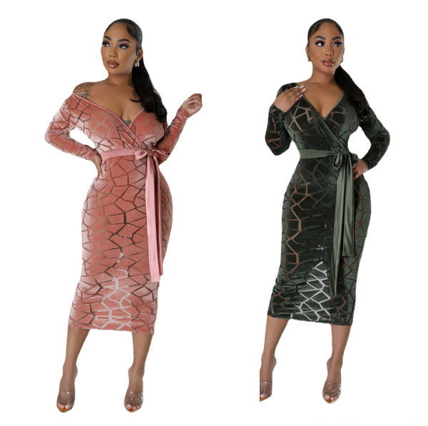 Women's Burnt Flower Flocking Long Dress