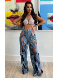 Hollow out loose fitting straight leg jeans
