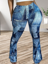 Imitation denim patterned flared pants