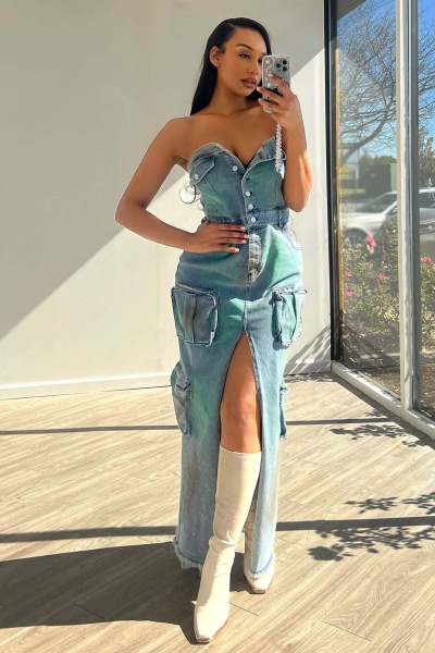 3D pocket sexy strapless strapless tie dye slit work bag dress