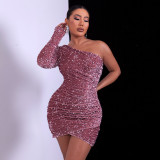 Sequin One Shoulder Long Sleeve Wrapped Hip Dress