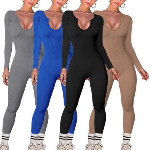 U-neck yoga ribbed jumpsuit