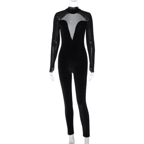 Hollow back zipper slim fit solid color jumpsuit