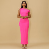 Slanted shoulder sleeveless long skirt