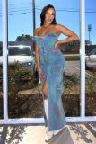 3D pocket sexy strapless strapless tie dye slit work bag dress