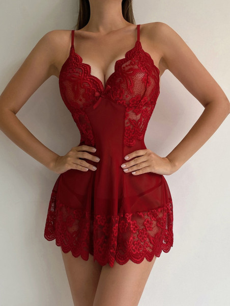 Hollow out perspective printed lace suspender sleepwear and fun lingerie set