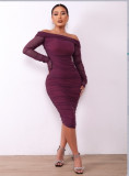 Long sleeved one shoulder pleated early spring dress