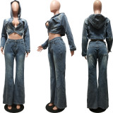Washed cardigan hooded bulletless flared pants denim set
