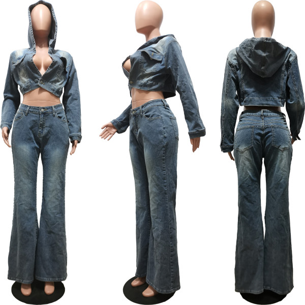Washed cardigan hooded bulletless flared pants denim set