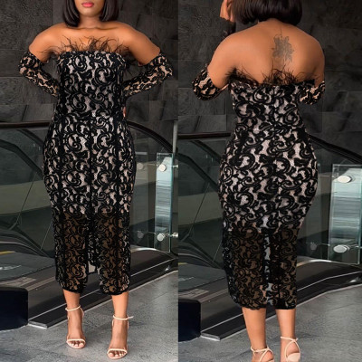 Women's Perspective Lace Package with Hip Split Feather Wrapped Chest Dress