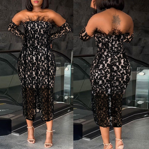Women's Perspective Lace Package with Hip Split Feather Wrapped Chest Dress