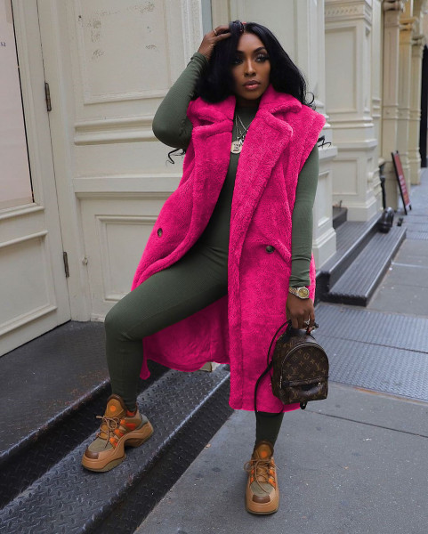 Solid color plush sleeveless long cardigan jacket