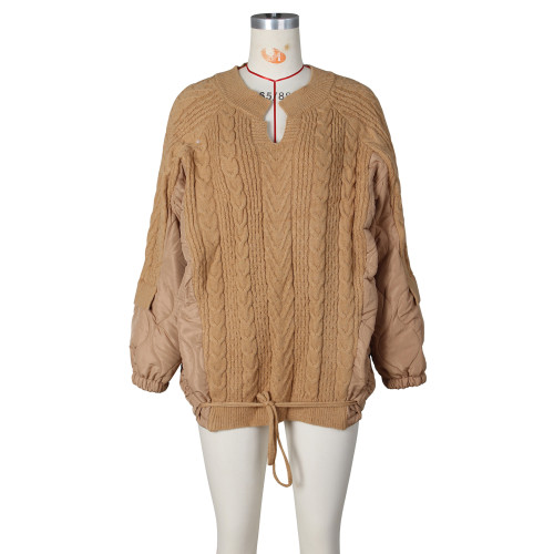 Women's cotton casual loose patchwork knitted drawstring cotton jacket