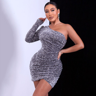Sequin One Shoulder Long Sleeve Wrapped Hip Dress