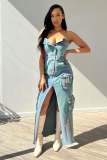 3D pocket sexy strapless strapless tie dye slit work bag dress