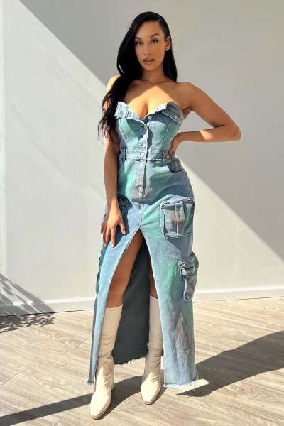 3D pocket sexy strapless strapless tie dye slit work bag dress