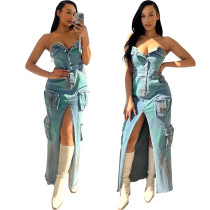 3D pocket sexy strapless strapless tie dye slit work bag dress 3D pocket sexy strapless strapless tie dye slit work bag dress