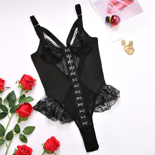 Mesh fluffy edge jumpsuit and lingerie