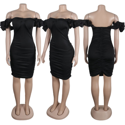 One shoulder lace fluffy sleeves wrapped in buttocks pleated dress