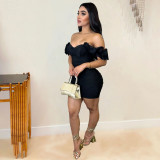 One shoulder lace fluffy sleeves wrapped in buttocks pleated dress