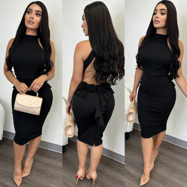 Open back and buttocks split lace elastic sleeveless dress