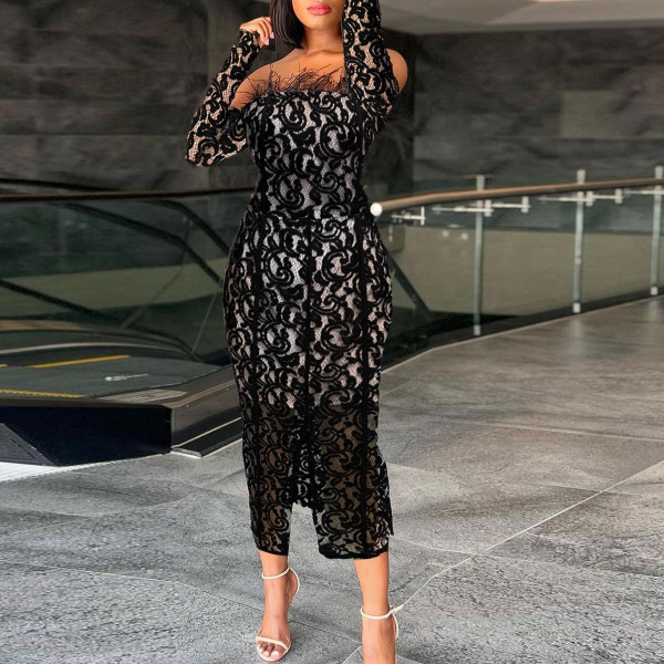 Women's Perspective Lace Package with Hip Split Feather Wrapped Chest Dress