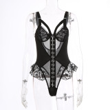 Mesh fluffy edge jumpsuit and lingerie