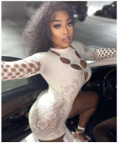Mesh perspective hollow round neck long sleeved tight fitting jumpsuit shorts