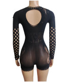Mesh perspective hollow round neck long sleeved tight fitting jumpsuit shorts
