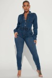 Long sleeved high stretch denim jumpsuit