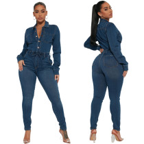 Long sleeved high stretch denim jumpsuit Long sleeved high stretch denim jumpsuit