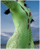 Mesh perspective hollow round neck long sleeved tight fitting jumpsuit shorts