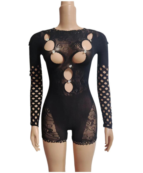 Mesh perspective hollow round neck long sleeved tight fitting jumpsuit shorts