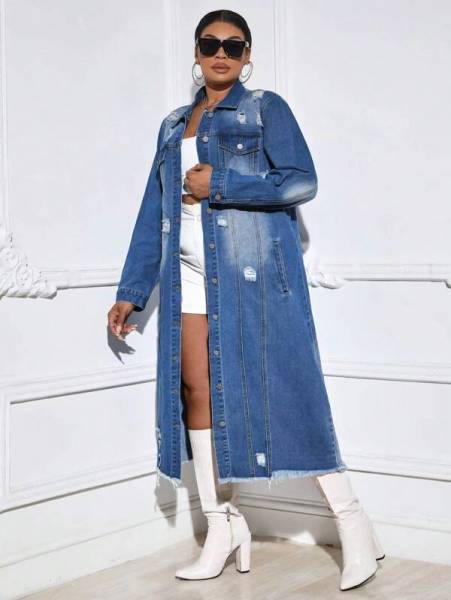 Women's torn long sleeved denim windbreaker jacket cardigan denim cape