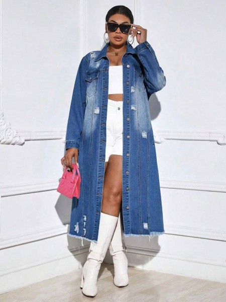 Women's torn long sleeved denim windbreaker jacket cardigan denim cape