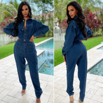 Elastic body, small foot opening, washed denim jumpsuit, jumpsuit Elastic body, small foot opening, washed denim jumpsuit, jumpsuit