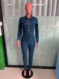 Long sleeved high stretch denim jumpsuit