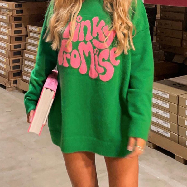 Round neck long sleeved letter patterned jacquard knitted sweater for women's pullover
