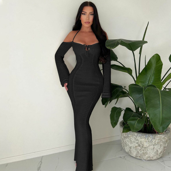 Sexy backless lace up slim fit hollow out long sleeved dress