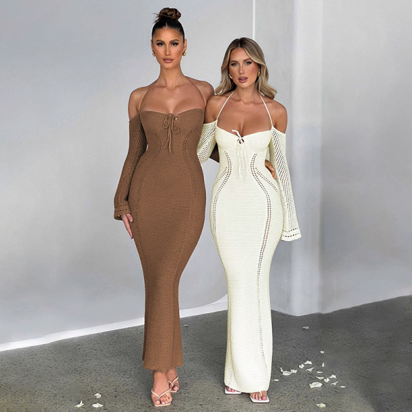 Sexy backless lace up slim fit hollow out long sleeved dress