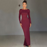 Sexy backless pleated slim fitting solid color dress