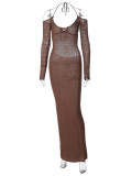 Sexy backless lace up slim fit hollow out long sleeved dress
