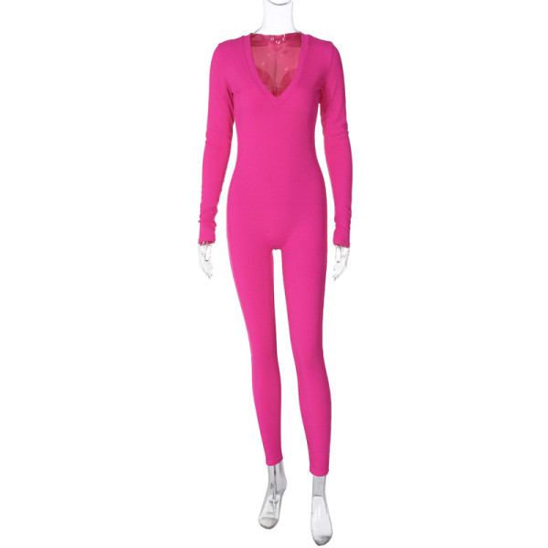 Solid color slim fit sports long sleeved jumpsuit