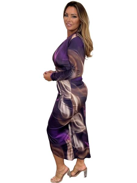 V-neck fashionable printed slim fit long sleeved hip wrap dress