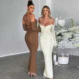 Sexy backless lace up slim fit hollow out long sleeved dress