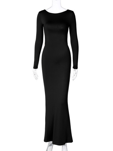 Sexy backless lace up long sleeved elegant dress